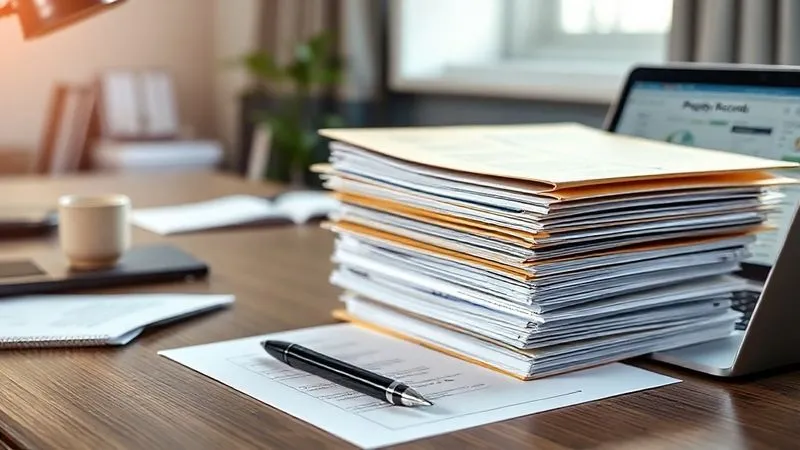 A photorealistic image of a neatly organized desk with a stack of legal folders, a pen, and a laptop displaying property records. The scene is well-lit, professional, 8K, cinematic lighting, sharp focus on the folders, depth of field.