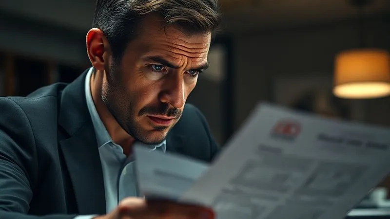 A photorealistic image of a person looking intently at a complex legal document, their brow furrowed in concentration, with a blurred background of a dimly lit office. Professional photography, 8K, cinematic lighting, sharp focus on the document and face, depth of field, conveying a sense of challenge and focus.