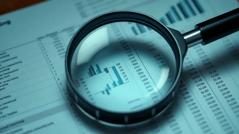 A photorealistic image of a magnifying glass hovering over a complex financial ledger, with various categories highlighted, cinematic lighting, 8K, professional photography.