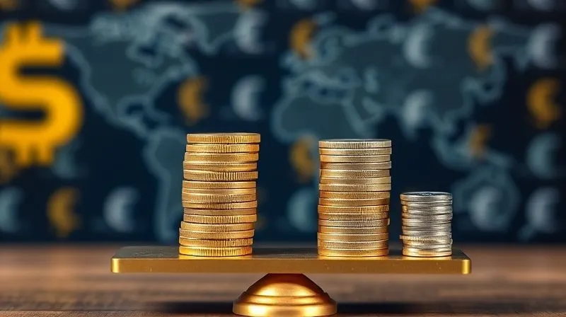 A photorealistic image of a balanced scale, with a stack of gold coins on one side representing 'Protected Gains' and a smaller stack of silver coins on the other representing 'Hedging Costs', set against a blurred background of global currency symbols, professional photography, 8K, cinematic lighting, sharp focus, depth of field, shot on a high-end DSLR.