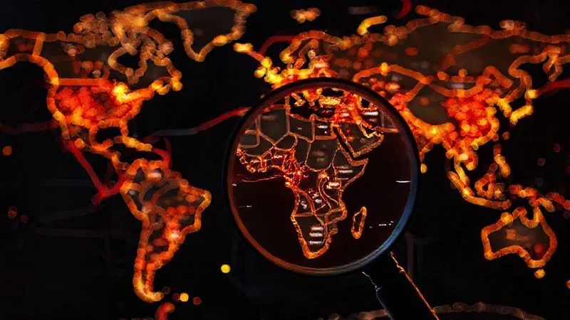 A photorealistic, highly detailed world map with glowing lines representing global trade routes and commodity flows, some lines are fractured and red, indicating disruption. In the foreground, a magnifying glass highlights a specific geopolitical hotspot. Professional photography, 8K, cinematic lighting, sharp focus on the map and magnifying glass, depth of field, shot on a high-end DSLR.