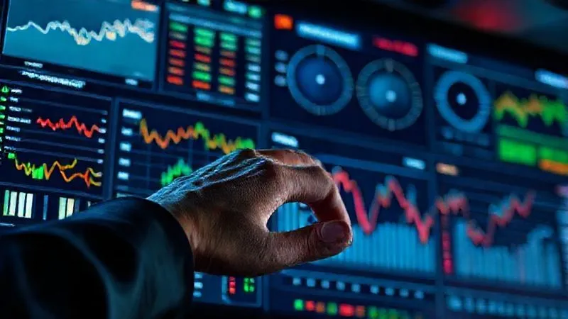 A photorealistic image of a sophisticated digital dashboard displaying real-time geopolitical news feeds, commodity price charts, and risk indicators. A hand is hovering over a touchscreen, ready to make adjustments. Professional photography, 8K, cinematic lighting, sharp focus on the dashboard and hand, depth of field, shot on a high-end DSLR.