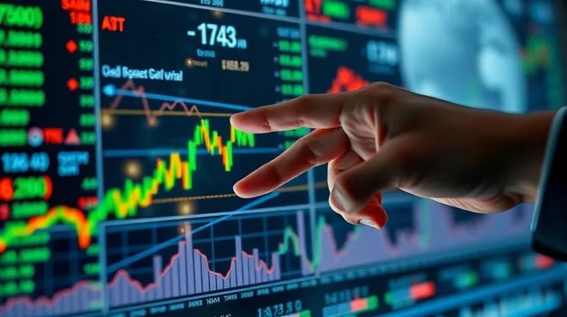 photorealistic, professional photography, 8K, cinematic lighting, sharp focus, depth of field, shot on a high-end DSLR. A complex, glowing digital interface displaying real-time currency exchange rates and historical charts, overlaid with abstract geometric patterns representing geopolitical forces. A hand points to a sharp drop on one of the currency charts, indicating volatility. The overall impression is one of intricate financial analysis and strategic decision-making.