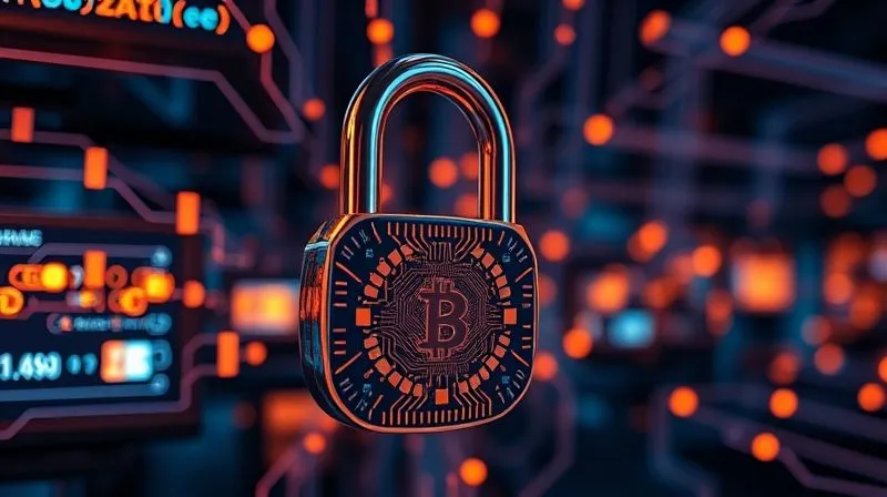 A photorealistic close-up of a digital padlock securing a complex network of glowing blockchain transactions. The padlock is intricately designed with circuit board patterns, and the background shows a blur of fast-moving data streams, emphasizing security in a high-speed environment. Professional photography, 8K, cinematic lighting, sharp focus on the padlock, depth of field blurring the background, shot on a high-end DSLR, conveying robust security measures.