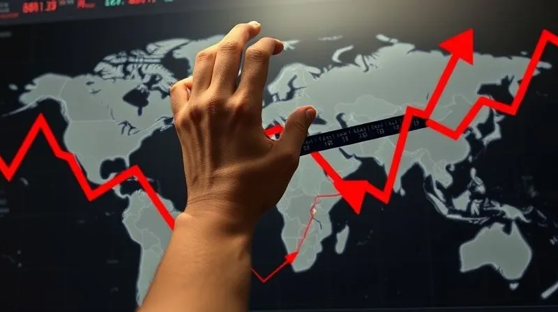 A photorealistic, professional photography image depicting a volatile stock market ticker tape overlaying a world map, with red arrows pointing downwards indicating economic decline. A hand is seen trying to stabilize the chaotic lines. 8K, cinematic lighting, sharp focus on the ticker and hand, depth of field blurring the background, shot on a high-end DSLR.