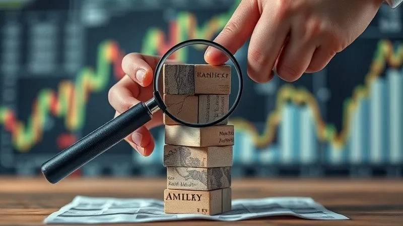 A photorealistic, professional photography image of a pair of hands carefully balancing a stack of precarious, uneven financial blocks, symbolizing various risks. A magnifying glass is examining the base for cracks. The background is a blurred, stormy financial chart. 8K, cinematic lighting, sharp focus on the hands and blocks, depth of field blurring the background, shot on a high-end DSLR.