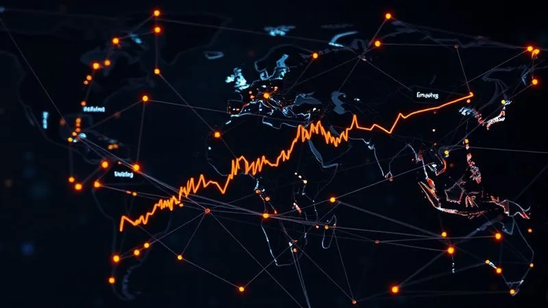 photorealistic, professional photography, 8K, cinematic lighting, sharp focus, depth of field, shot on a high-end DSLR. A complex, interconnected web of glowing lines and nodes representing global financial markets, with specific, brightly lit nodes labeled 'Emerging Markets' showing erratic, spiky graphs indicating high volatility, surrounded by darker, more stable 'Developed Markets'. A subtle overlay of a world map in the background.