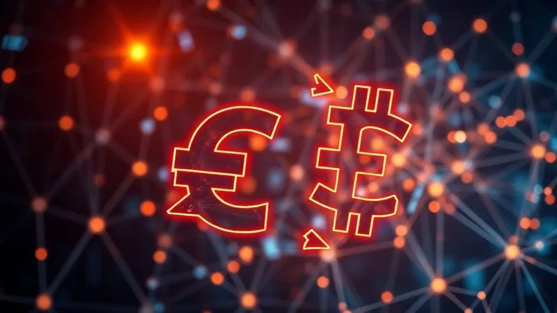 photorealistic, professional photography, 8K, cinematic lighting, sharp focus, depth of field, shot on a high-end DSLR. A detailed, glowing infographic of two intertwined currency symbols (e.g., USD and a fictional EM currency symbol) with arrows indicating cash flows and settlement differences, representing an NDF. In the background, a complex digital network with data streams, symbolizing the OTC market.