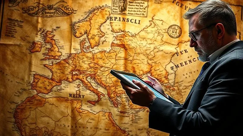 photorealistic, professional photography, 8K, cinematic lighting, sharp focus, depth of field, shot on a high-end DSLR. A complex, weathered ancient map overlaid with modern digital currency charts and a stern-looking, professional financial analyst carefully examining a tablet displaying regulatory documents and geopolitical news feeds, symbolizing the blend of historical and contemporary challenges in emerging markets.
