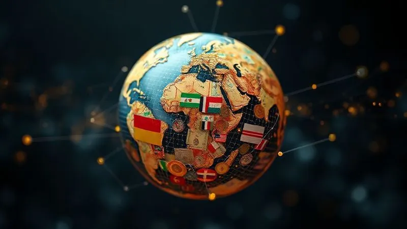 A photorealistic, professional photography shot of a globe with various national currencies subtly overlaid, connected by faint digital lines representing global financial flows. Cinematic lighting, sharp focus on the globe, depth of field blurring the background, 8K hyper-detailed, conveying global financial interconnectedness and diversification.