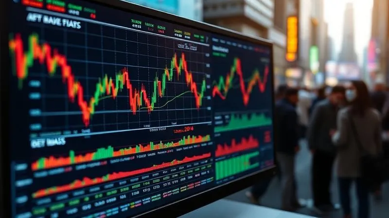 A photorealistic, professional photography shot of a digital trading screen displaying complex financial charts, candlestick patterns, and derivative contract details, with a blurred background of a bustling financial district. Cinematic lighting, sharp focus on the screen, depth of field, 8K hyper-detailed, conveying advanced financial analysis and strategy.