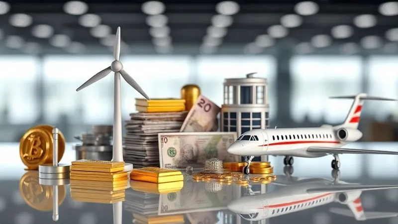 A photorealistic, professional photography shot of a diverse collection of symbolic assets: a miniature wind turbine, a gold bar, a stack of currency notes from different countries, a small model of a data center, and a private jet, all arranged on a modern, reflective surface. Cinematic lighting, sharp focus on the assets, depth of field blurring the background, 8K hyper-detailed, representing diversified alternative investments.