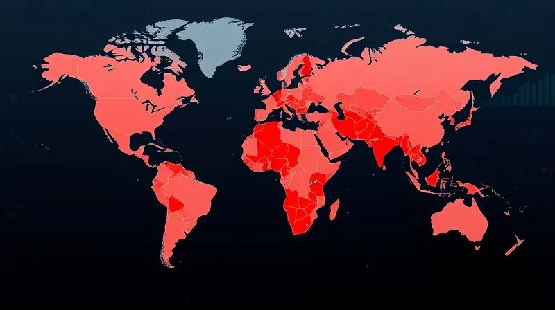 A world map with specific emerging market regions highlighted in red, with overlapping abstract graphs showing economic and political instability. Photorealistic, professional photography, 8K, cinematic lighting, sharp focus, depth of field, shot on a high-end DSLR.