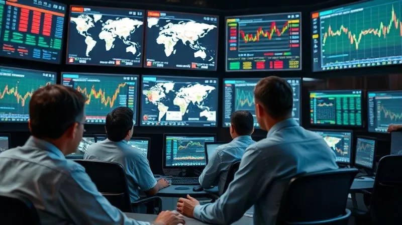 A diverse team of financial analysts in a modern, high-tech control room, monitoring multiple screens displaying global financial data, geopolitical news feeds, and risk indicators. Photorealistic, professional photography, 8K, cinematic lighting, sharp focus on the analysts, depth of field, shot on a high-end DSLR.