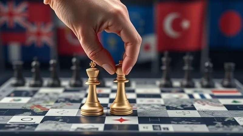A single, calm hand carefully placing a small, intricately designed chess piece onto a large, complex chessboard that represents the global economy, with blurred emerging market flags in the background. Professional photography, 8K, cinematic lighting, sharp focus on the hand and chess piece, depth of field, shot on a high-end DSLR.
