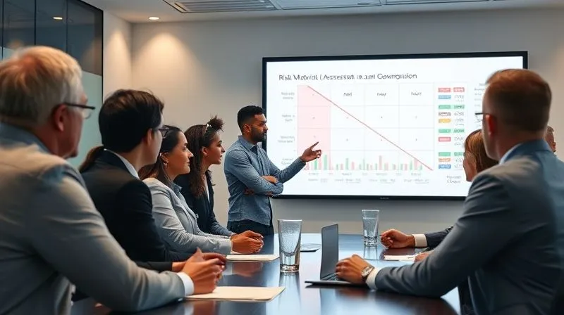 photorealistic, professional photography, 8K, cinematic lighting, sharp focus, depth of field, shot on a high-end DSLR, a diverse group of financial professionals in a modern boardroom, intently discussing digital asset charts projected on a large screen, one person pointing to a risk matrix, symbolizing strategic risk assessment and governance in institutional crypto investing, conveying focused decision-making.