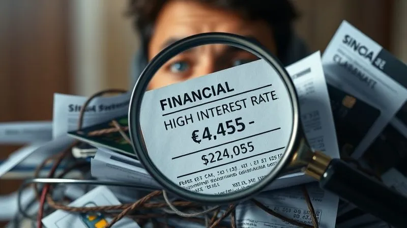 A photorealistic image depicting a complex, tangled web of financial statements and credit cards, with a magnifying glass highlighting a section showing high-interest rates. The background is a blurred image of a worried person's face. Professional photography, 8K, cinematic lighting, sharp focus on the financial documents, depth of field. Emotionally resonant.
