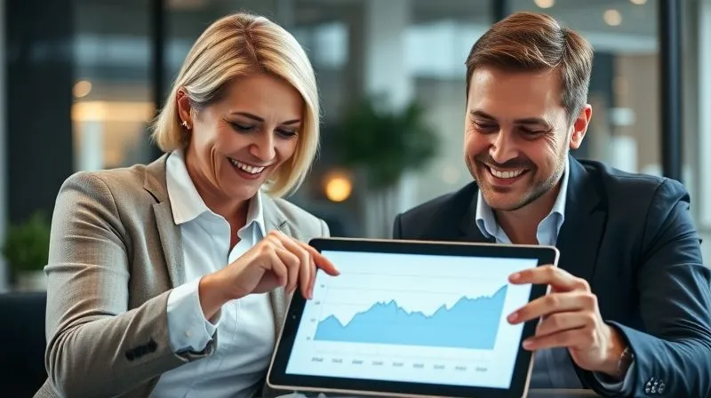 A photorealistic, professional photography shot of a financial advisor and a client, both looking at a tablet displaying a clear, simple chart showing decreasing debt balances over time. The client has a relieved, hopeful expression, and the advisor is pointing to the chart with a reassuring gesture. Cinematic lighting, 8K, sharp focus on the tablet and faces, depth of field blurring the background of a modern office.