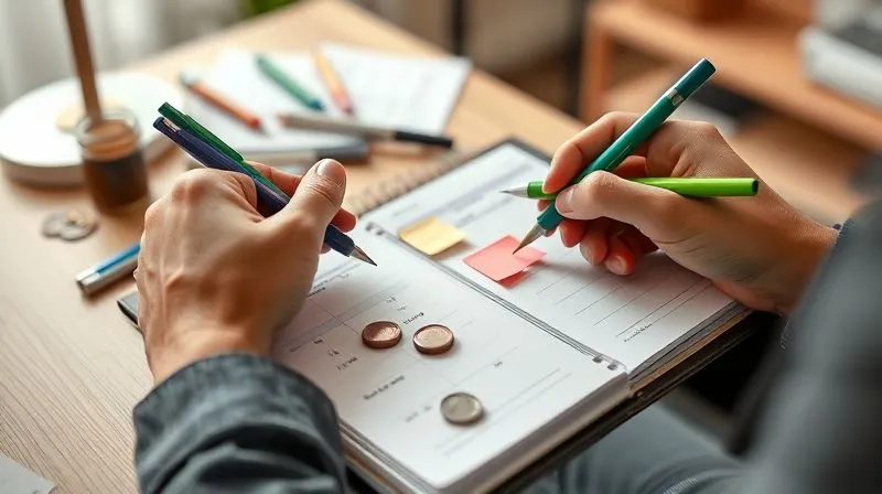 A photorealistic image of a person's hands meticulously organizing a physical budget planner, with different colored pens and sticky notes, focused on allocating funds towards debt repayment. A small stack of coins and bills is visible. Professional photography, 8K, cinematic lighting, sharp focus on the planner, depth of field blurring the background of a home office. Conveys control and intentionality.