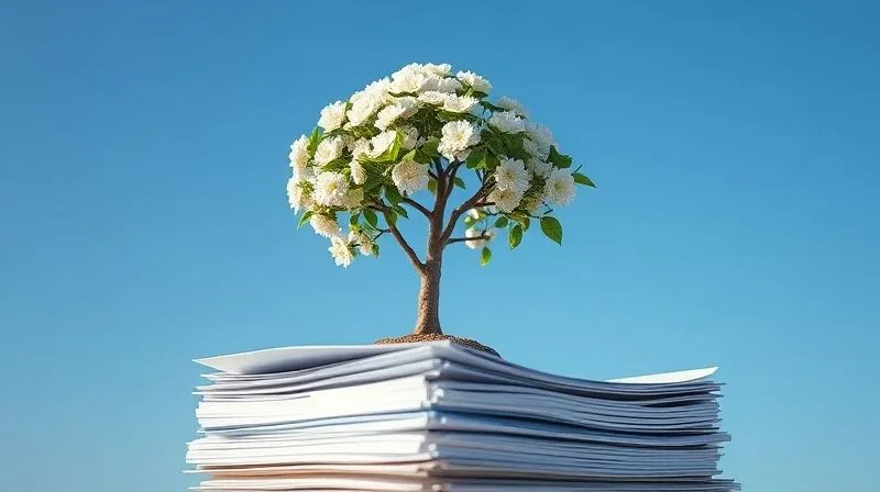 A photorealistic image of a blooming money tree growing out of a stack of neatly organized financial documents, with a clear blue sky in the background, symbolizing growth and financial freedom after debt repayment. Professional photography, 8K, cinematic lighting, sharp focus on the money tree and documents, depth of field. Evokes hope and prosperity.
