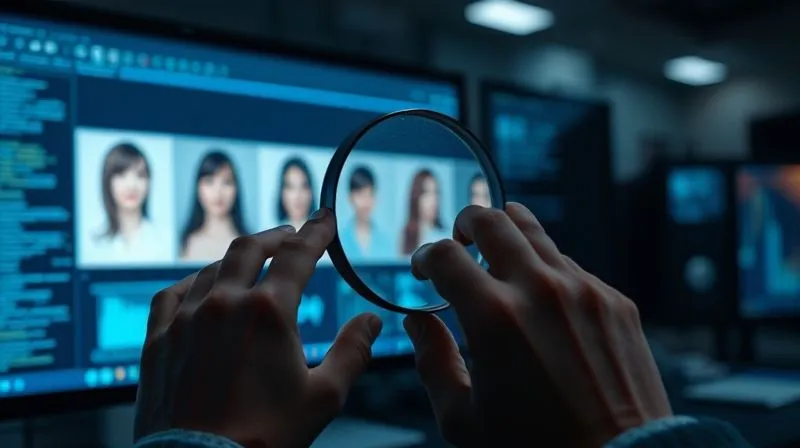 A photorealistic image of a person's hands meticulously examining a series of blurred, low-resolution profile pictures on a digital screen, with a magnifying glass highlighting inconsistencies. The background is a dimly lit, high-tech workspace, cinematic lighting, sharp focus on the hands and screen, depth of field blurring the background, 8K hyper-detailed, professional photography, shot on a high-end DSLR.