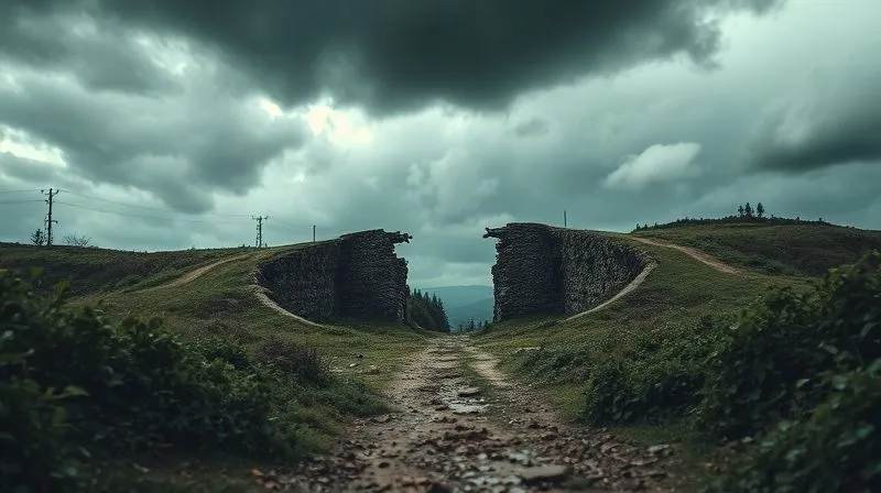 A photorealistic image of a dilapidated, overgrown path leading to a crumbling, unfinished bridge that ends abruptly over a vast chasm. The scene is set under a stormy, ominous sky, representing a broken roadmap. Cinematic lighting, sharp focus on the broken bridge, depth of field blurring the background, 8K hyper-detailed, professional photography, shot on a high-end DSLR.