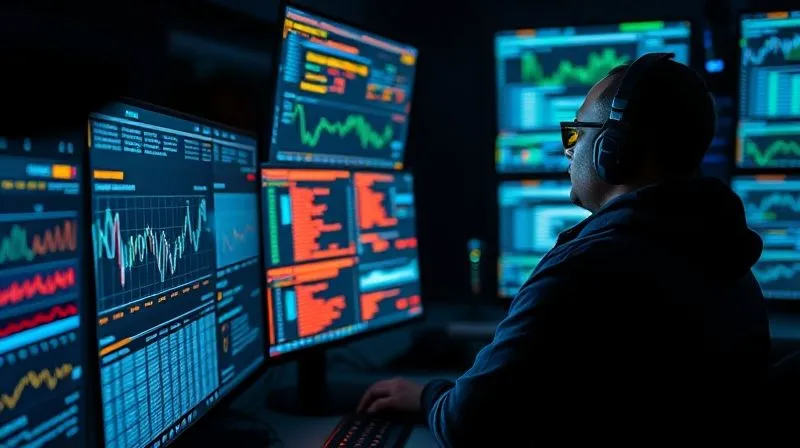 A photorealistic image of a cybersecurity expert intently analyzing complex, multi-layered data visualizations across several glowing monitors in a dark, high-tech control room. The screens display blockchain transaction histories and network activity. Cinematic lighting, sharp focus on the expert and screens, depth of field blurring the background, 8K hyper-detailed, professional photography, shot on a high-end DSLR.