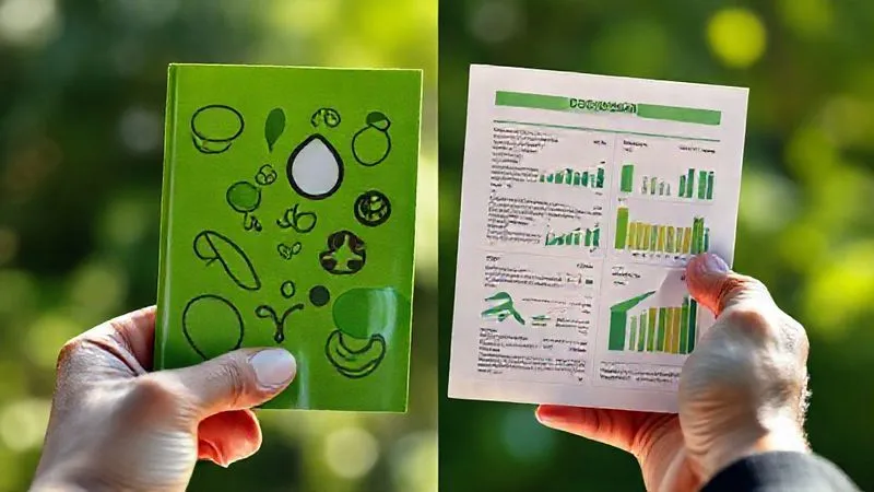 Photorealistic, professional photography, 8K, cinematic lighting, sharp focus, depth of field, shot on a high-end DSLR. A split image showing two hands. One hand holds a glossy, vibrant green leaflet with abstract 'eco' symbols, looking superficial. The other hand holds a detailed, data-rich report with graphs and charts, showing tangible, measurable impact. The contrast highlights deception versus genuine action, with a soft, natural light illuminating the genuine report.