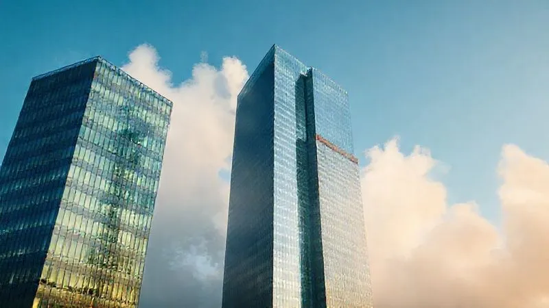 photorealistic, professional photography, 8K, cinematic lighting, sharp focus, depth of field, shot on a high-end DSLR, a clear, transparent glass corporate building standing tall under a clean blue sky, juxtaposed against a murky, smoke-shrouded building in the background, symbolizing the contrast between genuine ESG transparency and greenwashing.