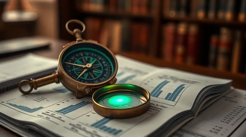 photorealistic, professional photography, 8K, cinematic lighting, sharp focus, depth of field, shot on a high-end DSLR. A weathered compass and a magnifying glass resting on an open financial ledger, with a faint, shimmering green glow emanating from beneath the page, symbolizing hidden truths and diligent investigation. The background is a blurred, tasteful office library, conveying wisdom and responsibility.