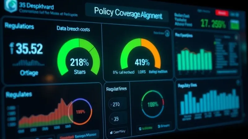 A photorealistic image of a digital dashboard displaying various risk metrics – data breach costs, business interruption losses, regulatory fines – with a glowing green progress bar indicating 'Policy Coverage Alignment'. Professional photography, 8K, cinematic lighting, sharp focus, depth of field, shot on a high-end DSLR.