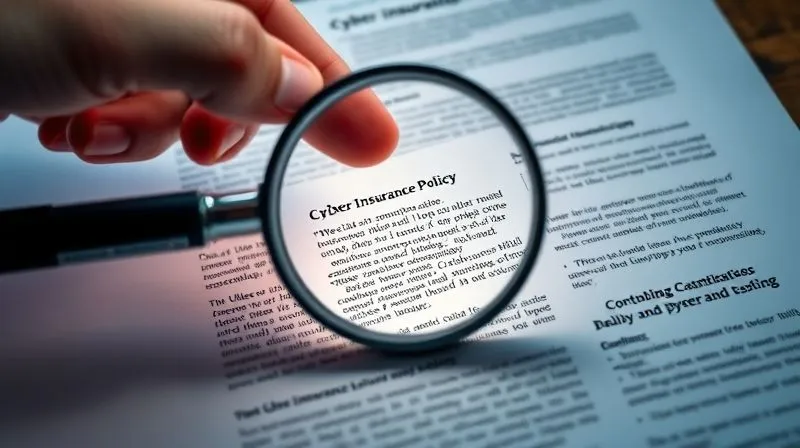 A photorealistic image of a magnifying glass hovering over complex cyber insurance policy text, with an experienced hand pointing to a specific clause, illustrating detailed policy review. Professional photography, 8K, cinematic lighting, sharp focus, depth of field, shot on a high-end DSLR.