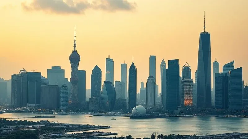 A photorealistic image of a futuristic, sustainable city skyline powered by advanced clean energy technologies (e.g., fusion reactors, advanced solar arrays, vertical farms), bathed in a soft, optimistic glow. Professional photography, 8K, cinematic lighting, sharp focus on the cityscape, depth of field. Shot on a high-end DSLR.