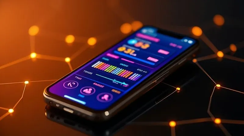 photorealistic, professional photography, 8K, cinematic lighting, sharp focus, depth of field, shot on a high-end DSLR, a vibrant, sleek mobile banking app interface on a smartphone, displaying gamified elements like progress bars, achievement badges, and a leaderboard, surrounded by subtle, glowing digital lines representing data flow and engagement. The background is a soft, futuristic blur, emphasizing innovation.