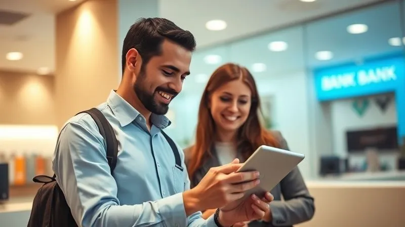 photorealistic, professional photography, 8K, cinematic lighting, sharp focus, depth of field, shot on a high-end DSLR, a friendly, professional bank employee in a modern, brightly lit branch, patiently demonstrating a mobile banking app feature on a tablet to an attentive customer. The customer looks engaged and reassured, highlighting human connection in technology adoption, no text or logos.