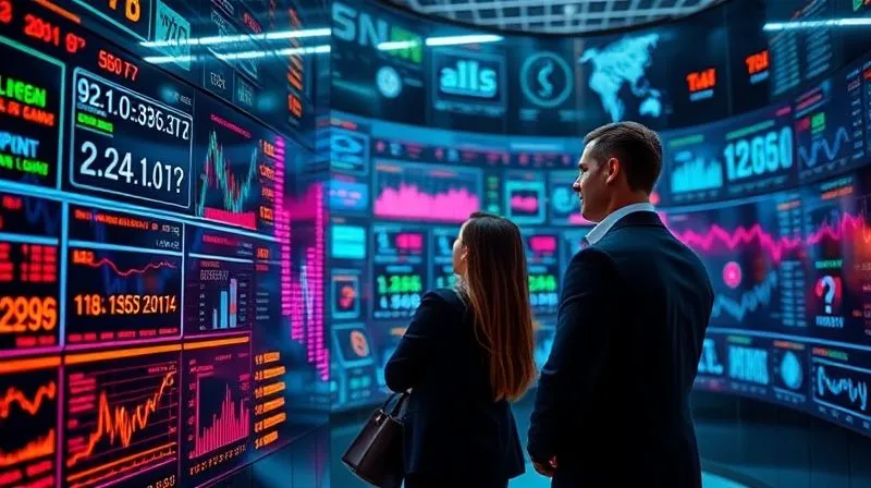 photorealistic, professional photography, 8K, cinematic lighting, sharp focus, depth of field, shot on a high-end DSLR. A vibrant, futuristic data visualization hub within a bank, with multiple transparent screens displaying complex algorithms, real-time financial market data, and predictive analytics. Bankers in business attire are collaborating, pointing at insights, symbolizing the power of AI and data in strategic financial decision-making.