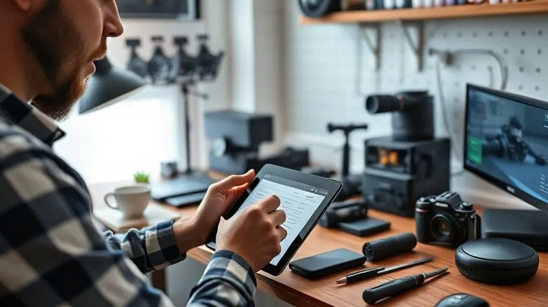 Photorealistic image of a person meticulously cataloging high-value professional equipment in a modern home office, using a tablet to record serial numbers and taking photos with their phone. The desk is organized, with various tech gadgets and tools neatly arranged. Cinematic lighting, sharp focus, 8K.