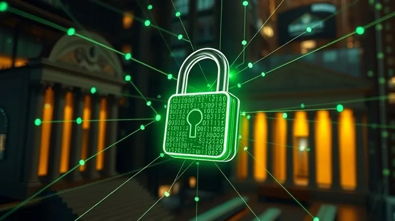 A photorealistic, professional photography, 8K, cinematic lighting, sharp focus, depth of field, shot on a high-end DSLR. A digital padlock glowing with green light, superimposed over a complex network of financial data flowing securely between a traditional bank building and a modern data center, symbolizing robust API security in banking.