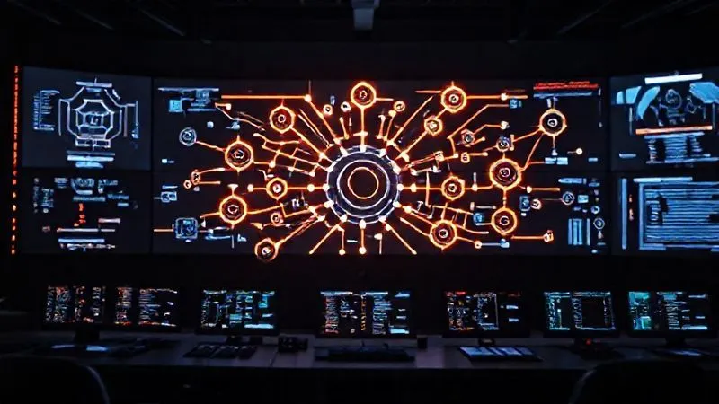 A photorealistic, professional photography image of a complex architectural diagram displayed on multiple glowing screens in a dark, high-tech control room. The diagram shows various digital systems (represented by geometric shapes) connected by intricate, luminous lines representing APIs and data flows, with a central hub acting as an integration platform. Cinematic lighting highlights the connections, sharp focus on the central hub, depth of field blurring the surrounding screens, 8K hyper-detailed, shot on a high-end DSLR, conveying clarity and strategic design.