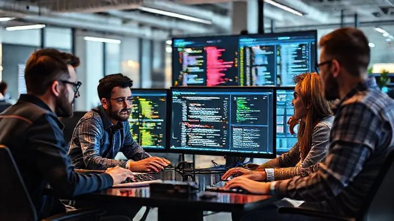 A photorealistic, professional photography image of a diverse team of software developers and business analysts collaborating intently in a modern, open-plan office. They are gathered around large screens displaying code and architectural diagrams, with some individuals discussing animatedly and others typing. Cinematic lighting illuminates their faces and the screens, sharp focus on their interaction, depth of field blurring the office background, 8K hyper-detailed, shot on a high-end DSLR, conveying teamwork and problem-solving.