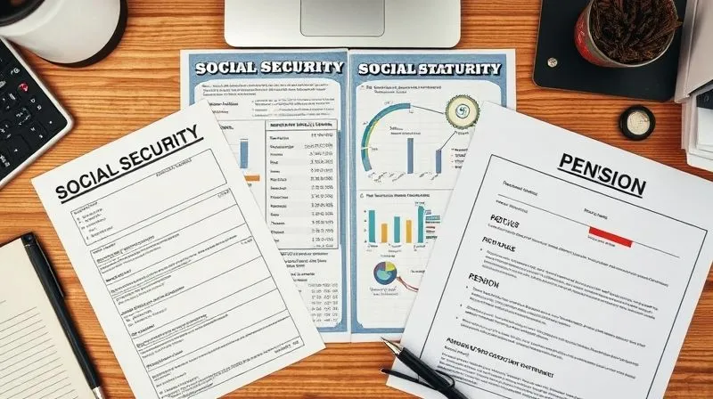 A photorealistic top-down view of a neatly organized desk with various financial documents spread out: a Social Security statement, an IRA statement, a 401(k) statement, and a pension document, all laid out like a strategic map. Professional photography, 8K, cinematic lighting, sharp focus, depth of field, shot on a high-end DSLR.