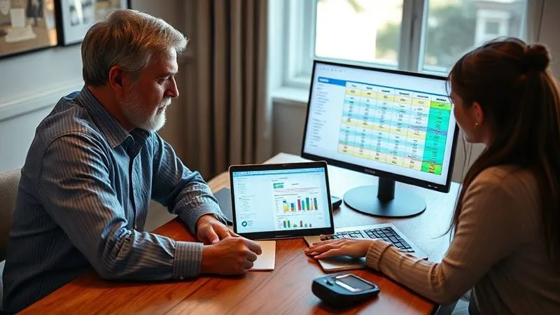 Photorealistic, professional photography, 8K, cinematic lighting, sharp focus, depth of field, shot on a high-end DSLR. An empathetic financial advisor or parent sits across a table from a college student, both intently looking at a laptop screen displaying a clear, colorful, and easy-to-understand budget spreadsheet. The student is actively pointing at a section, engaged in the discussion, with a sense of understanding and relief.