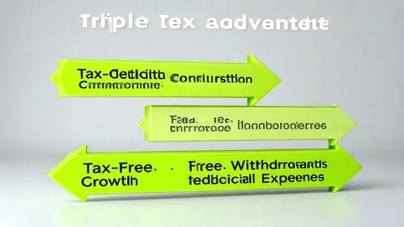 A photorealistic 3D infographic illustrating the 'triple-tax advantage' of an HSA: one vibrant green arrow pointing to 'Tax-Deductible Contributions', another to 'Tax-Free Growth', and a third to 'Tax-Free Withdrawals for Medical Expenses', all against a clean, professional financial background. Cinematic lighting, sharp focus, 8K hyper-detailed.
