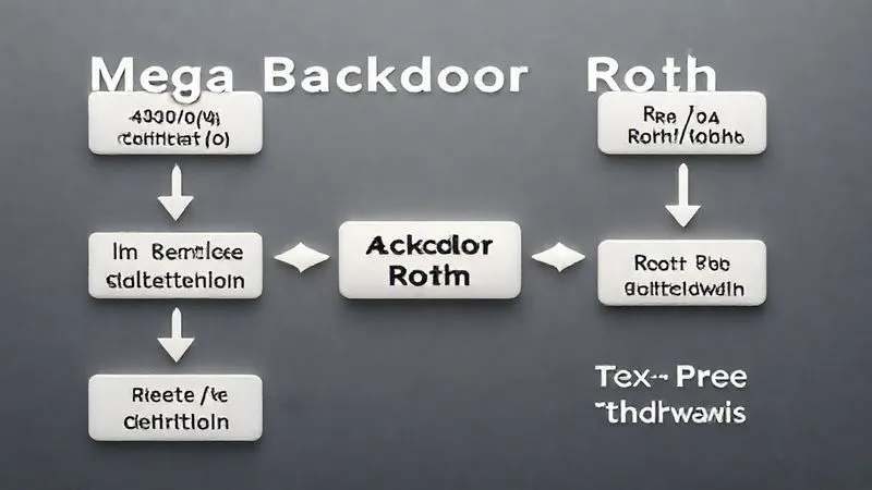 A photorealistic, professional flow chart diagram illustrating the 'Mega Backdoor Roth' process. It shows arrows moving from 'After-Tax 401(k) Contributions' to 'In-Service Distribution/Rollover' and finally to 'Roth IRA/Roth 401(k)', with 'Tax-Free Growth & Withdrawals' highlighted. Clean design, soft lighting, 8K hyper-detailed.