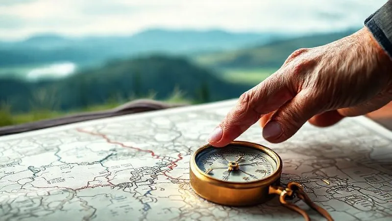 A photorealistic image of a vintage brass compass resting on a detailed, hand-drawn map, with a focused, professional hand gently pointing towards a clear path. The background features a blurred, serene landscape, symbolizing a well-planned journey. Cinematic lighting, sharp focus on the compass and map, depth of field blurring the background. 8K hyper-detailed.