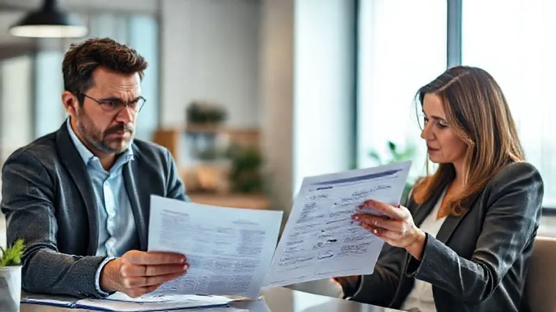 A photorealistic image of a frustrated client looking at a property valuation report, with a calm, empathetic real estate professional patiently explaining details. The scene is set in a modern, well-lit office. Cinematic lighting, sharp focus on their expressions and the report, depth of field blurring the background, 8K hyper-detailed, shot on a high-end DSLR.