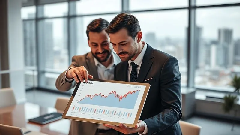A photorealistic image of a real estate professional pointing to a detailed market trend graph on a tablet, while a client looks on, starting to show understanding. The background is a modern office with city views. Cinematic lighting, sharp focus on the tablet and their faces, depth of field blurring the background, 8K hyper-detailed, shot on a high-end DSLR.