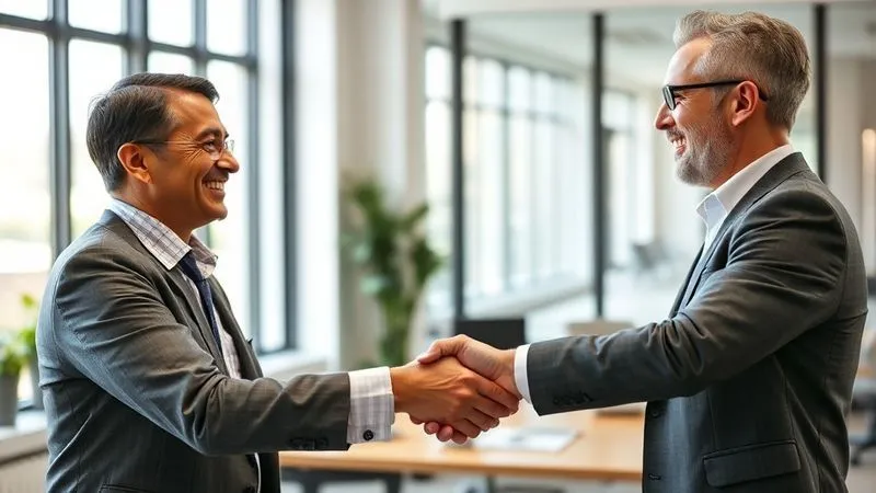 A photorealistic image of a real estate professional shaking hands with a client, both smiling warmly, indicating a successful and trusting resolution after a difficult conversation. The setting is a bright, airy office with a view. Cinematic lighting, sharp focus on their hands and expressions, depth of field blurring the background, 8K hyper-detailed, shot on a high-end DSLR.