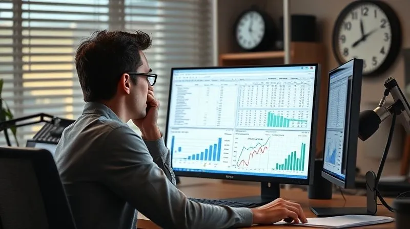 Photorealistic, professional photography, 8K, cinematic lighting, sharp focus, depth of field, shot on a high-end DSLR. A person sitting at a desk, looking stressed and overwhelmed by multiple open financial spreadsheets and charts on their computer screen, with a clock in the background showing late hours. The scene conveys the burden of DIY financial management.