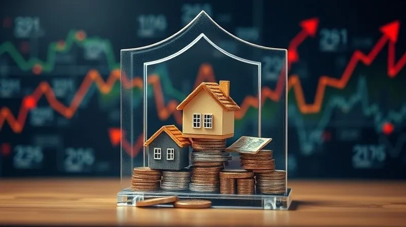 Photorealistic, professional photography, 8K, cinematic lighting, sharp focus, depth of field, shot on a high-end DSLR. A secure, transparent financial shield protecting a diverse portfolio of assets (represented by miniature stacks of coins, property deeds, and stock certificates) from a storm of volatile market data, depicted as swirling digital graphs and red arrows. The image conveys robust protection and stability.
